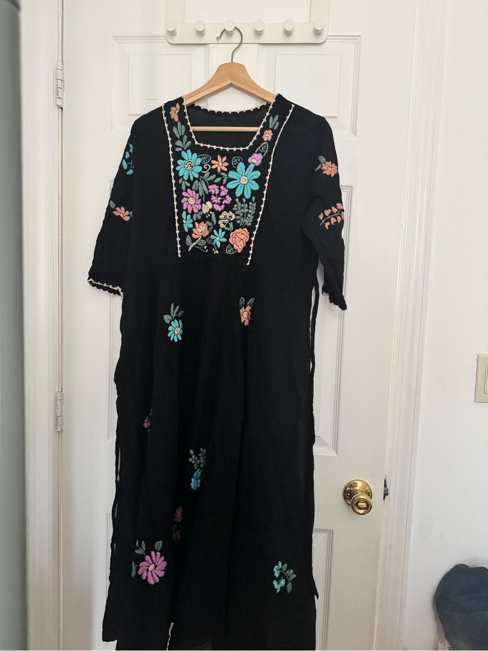 Handmade Black Floral Embroidered Boho Dress